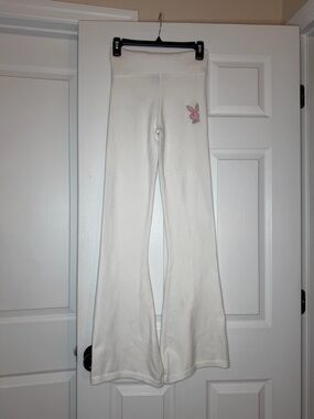 Playboy White Flare Lounge Pants Pink Bunny Fold Waist Womens S Soft Stretch